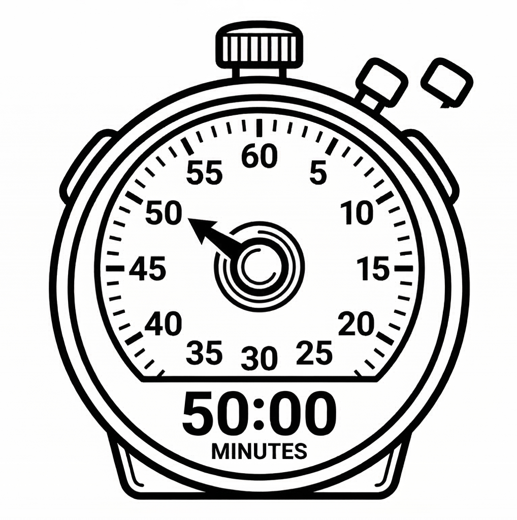 A black and white timer face showing 50 minutes for the Narrowboat Doctor Complex Technical Triage session.