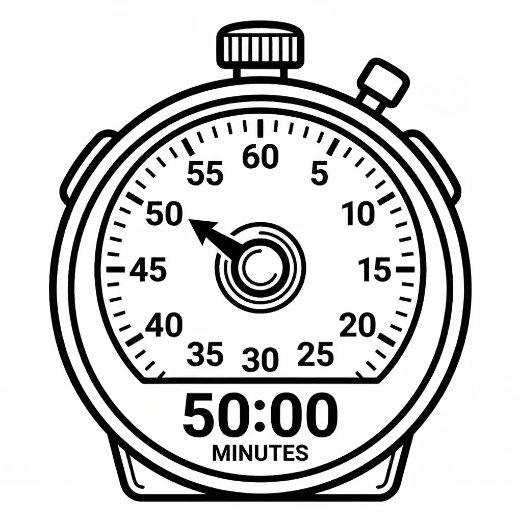A black and white timer face showing 50 minutes for the Narrowboat Doctor Complex Technical Triage session.