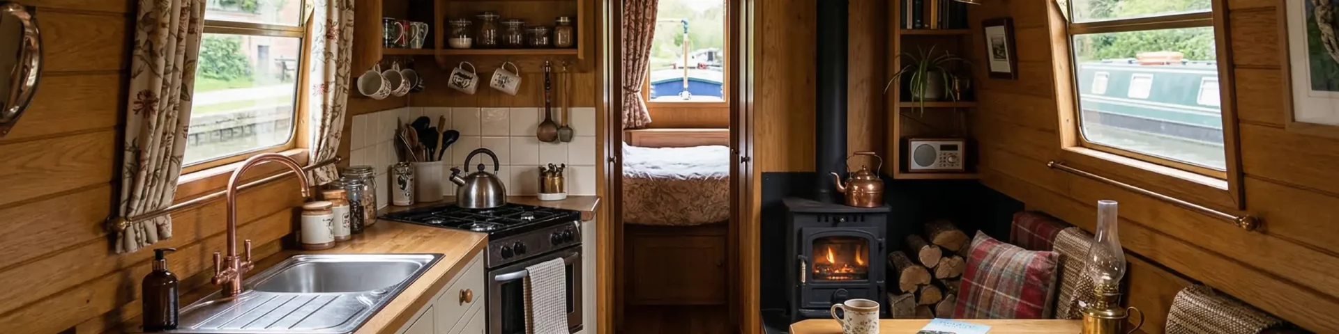 Professional narrowboat interior featuring a multi-fuel stove and galley.