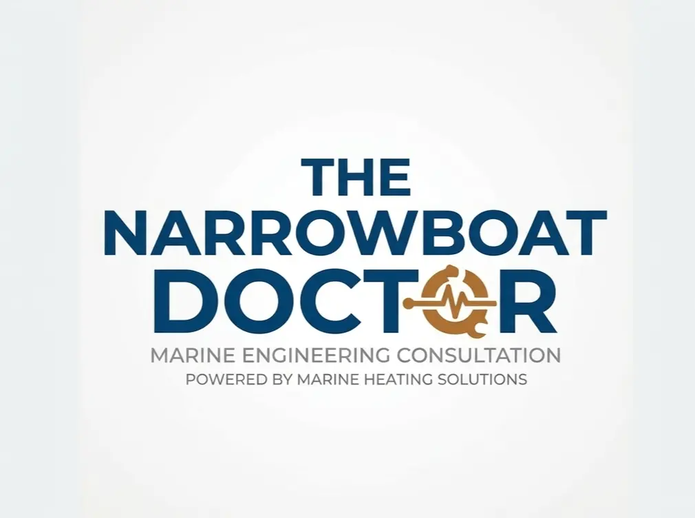 he Narrowboat Doctor logo: A marine engineering consultation service powered by Marine Heating Solutions.